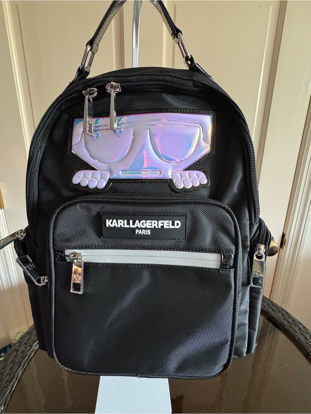 Karl Lagerfeld Black Backpack with Iridescent Logo Accent